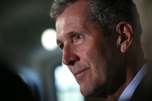 WAYNE GLOWACKI / WINNIPEG FREE PRESS   Premier Brian Pallister meets with media outside his office in the Manitoba Legislative bld. Wednesday . Kristin Annable story  August 24 2016