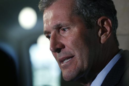 WAYNE GLOWACKI / WINNIPEG FREE PRESS   Premier Brian Pallister meets with media outside his office in the Manitoba Legislative bld. Wednesday . Kristin Annable story  August 24 2016