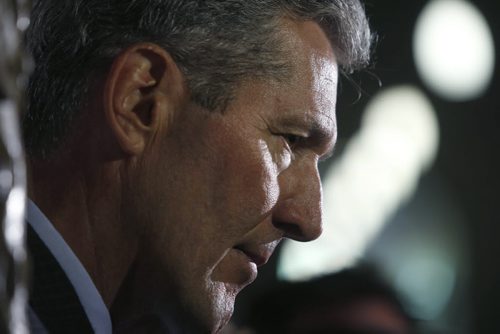 WAYNE GLOWACKI / WINNIPEG FREE PRESS   Premier Brian Pallister meets with media outside his office in the Manitoba Legislative bld. Wednesday . Kristin Annable story  August 24 2016