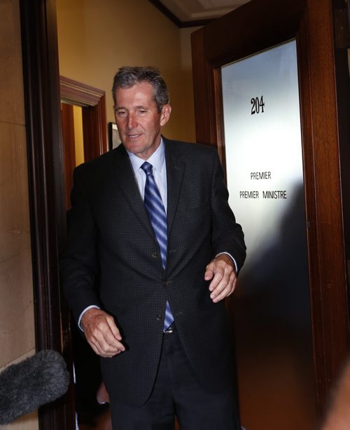 WAYNE GLOWACKI / WINNIPEG FREE PRESS   Premier Brian Pallister meets with media outside his office in the Manitoba Legislative bld. Wednesday . Kristin Annable story  August 24 2016