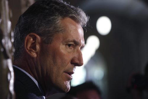 WAYNE GLOWACKI / WINNIPEG FREE PRESS   Premier Brian Pallister meets with media outside his office in the Manitoba Legislative bld. Wednesday . Kristin Annable story  August 24 2016