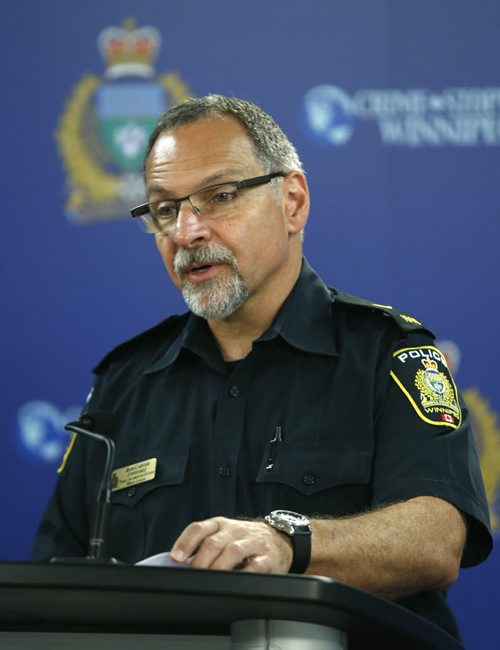 WAYNE GLOWACKI / WINNIPEG FREE PRESS    Winnipeg Police Const. Rob Carver at the police news conference Thursday with more information on the bomb incident in front of the Law Courts building Wednesday. August 25 2016