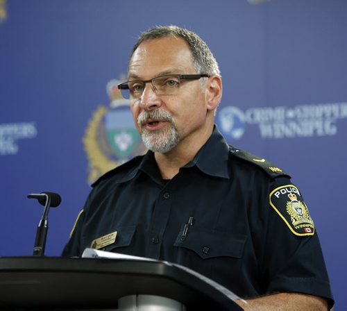 WAYNE GLOWACKI / WINNIPEG FREE PRESS    Winnipeg Police Const. Rob Carver at the police news conference Thursday with more information on the bomb incident in front of the Law Courts building Wednesday. August 25 2016