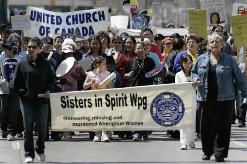 John Woods / Winnipeg Free Press / May 11, 2008 - 080511 -  About 200 supporters of Sisters in Spirit marched through downtown Winnipeg to honour missing and murdered aboriginal women Sunday  May 11, 2008.