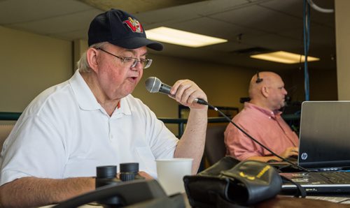 MIKE DEAL / WINNIPEG FREE PRESS Ron Arnst (left) announces the game while Jason Young, the video director keeps an eye on his screen during the Winnipeg Goldeyes game against the Sioux City Exploerers on Sunday afternoon. 20160828 - Sunday August 28, 2016 For a Mike McIntyre feature