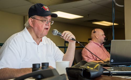 MIKE DEAL / WINNIPEG FREE PRESS Ron Arnst (left) announces the game while Jason Young, the video director keeps an eye on his screen during the Winnipeg Goldeyes game against the Sioux City Exploerers on Sunday afternoon. 20160828 - Sunday August 28, 2016 For a Mike McIntyre feature