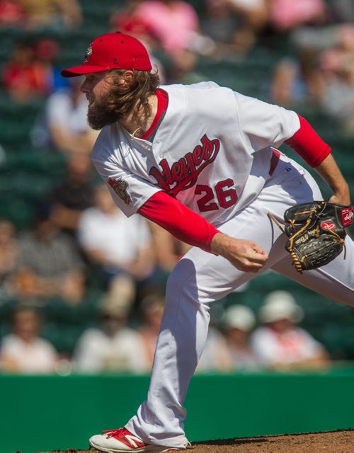 MIKE DEAL / WINNIPEG FREE PRESS Winnipeg Goldeyes pitcher Mikey O'Brien (26) during the game against the Sioux City Explorers Sunday afternoon.  20160828 - Sunday August 28, 2016