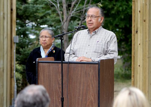 JASON HALSTEAD / WINNIPEG FREE PRESS  Clarence and Barbara Nepinak offer the opening blessing as the Henteleff Park Foundation held the grand opening of its interpretive centre at Henteleff Park at 1964 St. Mary's Rd. on Aug 27, 2016.   (See Social Page)