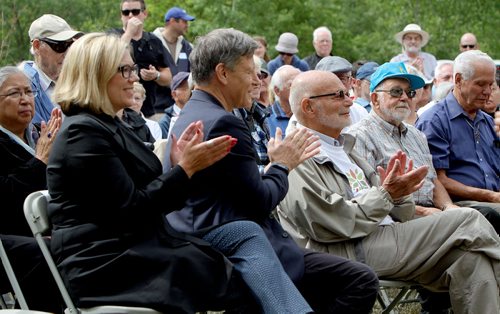 JASON HALSTEAD / WINNIPEG FREE PRESS  L-R: Manitoba Sport, Culture and Heritage Minister Rochelle Squires, MP for Winnipeg South, Terry Duguid, and Henteleff Park Foundation president emeritus Yude Henteleff applaud as the Henteleff Park Foundation held the grand opening of its interpretive centre at Henteleff Park at 1964 St. Mary's Rd. on Aug 27, 2016.   (See Social Page)