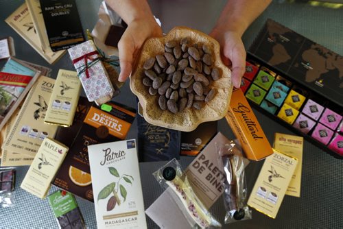 WAYNE GLOWACKI / WINNIPEG FREE PRESS  Food feature piece on chocolate tasting. Doreen Pendgracs holds cocoa beans with an assortment of handcrafted artisan made excellent chocolate from around the world. Alison Gillmor story August 30 2016