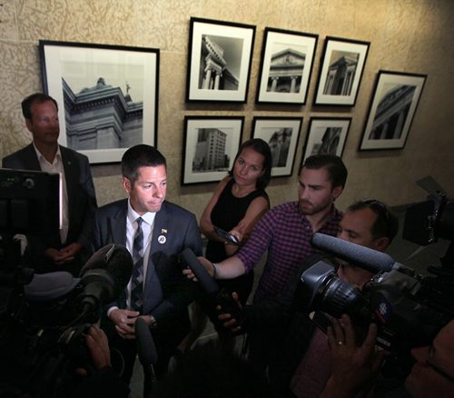 PHIL HOSSACK / WINNIPEG FREE PRESS -  Mayor Brian Bowman is grilled about the possible contents of a report on possible "Growth Fees" Tuesday afternoon.  See Aldo Santin story. August 30, 2016