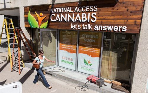 MIKE DEAL / WINNIPEG FREE PRESS A new sign is installed at the National Access Cannabis office at 379 Broadway Ave which will be opening soon. The organization helps people obtain and file the required legal documents to possess medicinal cannabis. 20160830 - Tuesday August 30, 2016