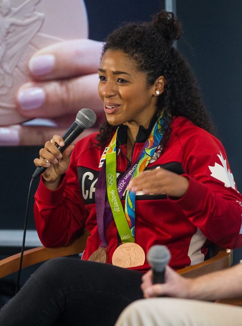 MIKE DEAL / WINNIPEG FREE PRESS Two-time Olympian Champion Desiree Scott appeared at the Winnipeg Free Press News Cafe to sign autographs and talk about her recent experiences during the Rio Olympics with Editor Paul Samyn Wednesday morning. 20160831 - Wednesday August 31, 2016