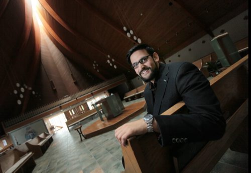 PHIL HOSSACK / WINNIPEG FREE PRESS -  Dr. Nazir Khan re: Muslims and Roman Catholics come together for dialogue around nature of God and human suffering,  he's posing in the sanctuary of Christ the King Roman Catholic Church. Brenda Suderman story.  August 31, 2016