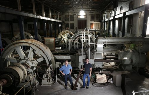 WAYNE GLOWACKI / WINNIPEG FREE PRESS  Business partners Bryce Alston,right, and Rick Hofer in the James Avenue Pumping Station located at  James St. and Waterfront Drive. They plan to convert it into a residential-retail-office complex. Aldo Santin story Sept. 1  2016