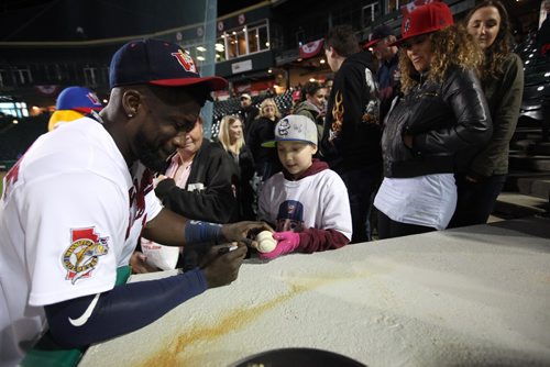 RUTH BONNEVILLE / WINNIPEG FREE PRESS

Winnipeg Goldeyes  #11 Reggie Abercrombie signs autographs after his team won  2nd game against the St. Paul Saints in the playoffs series at Shaw Park Friday night.  Score was 9 - 7 for Goldeyes.

September 9 2016
