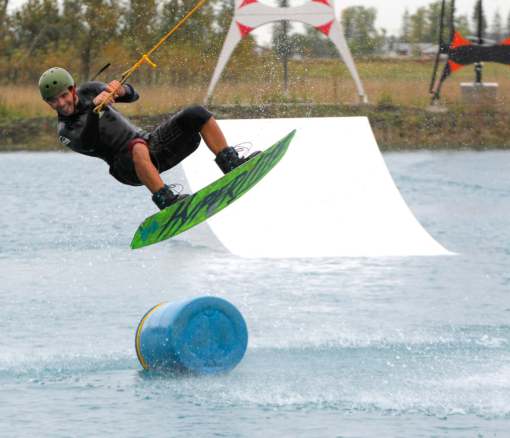 BORIS MINKEVICH / WINNIPEG FREE PRESS
BUSINESS - Konex Wakeparks make an innovative cable wakeboard system that they want to sell worldwide. Photo taken at  the Konex Research Facility on Hunter Road in Springfield, MB. Mike Fisette is a local wake boarder that demos the system. Martin Cash story. Sept. 16, 2016
