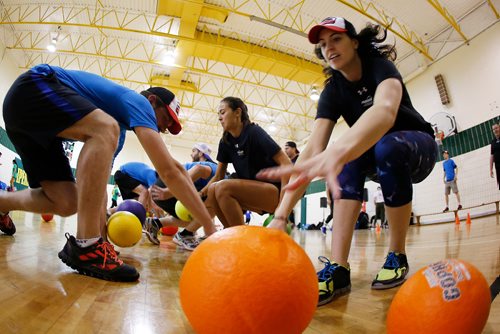 JOHN WOODS / WINNIPEG FREE PRESS
Norah Hidara (R) on Team Kiwi chases down loose balls as she plays Bench Ball at the 4th annual motionball Marathon of Sport to raise money for Special Olympics at John Taylor Collegiate Sunday, Sept 18, 2016.


