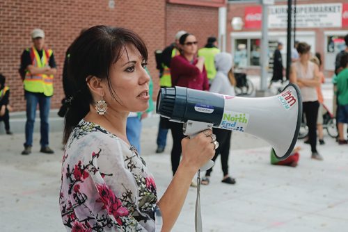 Canstar Community News Leah Gazan talks about supporting Justice for the Peace Caravan to the crowd at Meet Me at the Bell Tower gathering on Sept. 8, 2016.