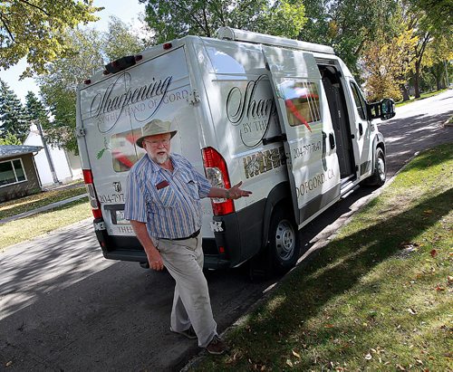 PHIL HOSSACK / WINNIPEG FREE PRESS -  Gord Hymers, outside his mobile sharpening service. After years of sharpening skateds Gord's retired and moves his tools around town to sharpen knoves and scissors. See Dave Sanderson's story. September 19, 2016