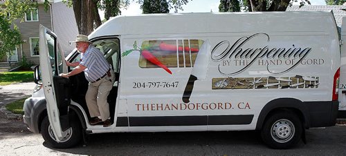 PHIL HOSSACK / WINNIPEG FREE PRESS -  Gord Hymers, gets out from the cab of his mobile sharpening service. After years of sharpening skateds Gord's retired and moves his tools around town to sharpen knoves and scissors. See Dave Sanderson's story. September 19, 2016