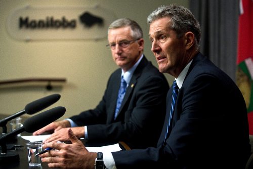 MIKE DEAL / WINNIPEG FREE PRESS
Premier Brian Pallister with Infrastructure Minister Blaine Pedersen, speaks about the release of the Auditor General report on the Manitoba East Side Road Authority Tuesday afternoon.
160920 - Tuesday, September 20, 2016 - 

