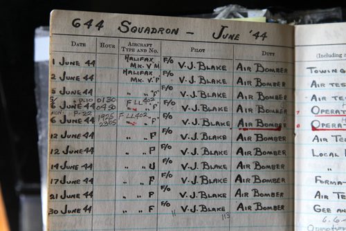 RUTH BONNEVILLE / WINNIPEG FREE PRESS

Feature story on Ninety-five-year-old veteran Emil August Gillies who served in the second world war in the air force in the 644 Squadron who recently received the Legion of Hoonour award (similar to a Knighthood) from the French Republic for his service to them during the war.  
Photo of log book of Emil Gillies on June 1944 - D Day.  

September 20, 2016
