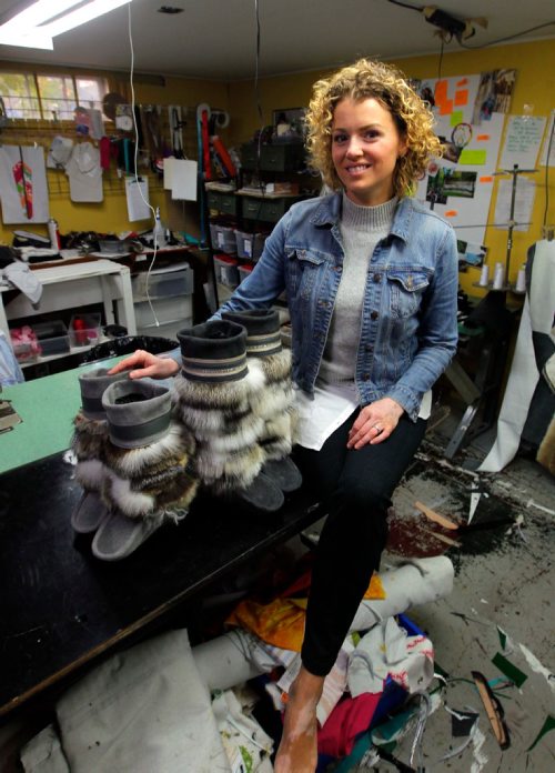 BORIS MINKEVICH / WINNIPEG FREE PRESS
THREADS - Julie Pedersen poses in her home / studio where she runs her Muckie business, which after 12 years she is closing. To end her design career she is holding a blowout sale of her mukluks - just in time for winter. Connie Tamoto story. Sept. 22, 2016