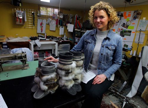 BORIS MINKEVICH / WINNIPEG FREE PRESS
THREADS - Julie Pedersen poses in her home / studio where she runs her Muckies business, which after 12 years she is closing. To end her design career she is holding a blowout sale of her mukluks - just in time for winter. Connie Tamoto story. Sept. 22, 2016