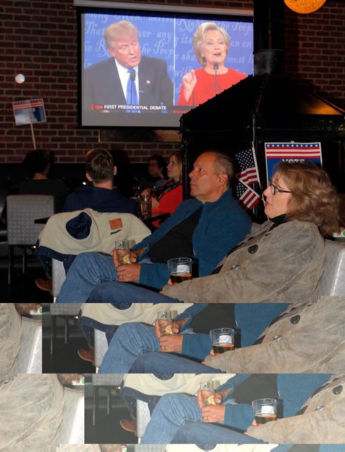 BORIS MINKEVICH / WINNIPEG FREE PRESS
LOCAL STDUP - Confusion Corner Bar & Grill, 500 Corydon Ave. aired the US presidential debate to a full house. Sitting and watching one of the many screens is Brian McLeod, left-in blue shirt, and Lorraine Thomas, right-wearing jeans. The married couple came out to watch the debate. Sept. 26, 2016