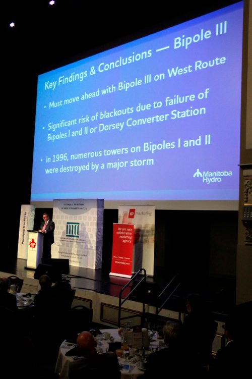 BORIS MINKEVICH / WINNIPEG FREE PRESS
Manitoba Hydro CEO Kelvin Shepherd speaking to the Manitoba Chambers of Commerce in the aftermath of critical review of the utilitys capital spending program. Her she shows a slide during his talk. The event was at The Metropolitan Entertainment Centre, 281 Donald Street. Martin Cash story.  Sept. 28, 2016