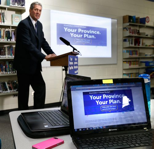 WAYNE GLOWACKI / WINNIPEG FREE PRESS



Premier Brian Pallister at the provincial announcement in Collège Béliveau Wednesday to launch Your, Province Your Plan for Manitobans to take part in the creation of the 2017 budget. The new interactive website allows individuals to build their own budget on their priorities.   Larry Kusch story  Sept. 28 2016