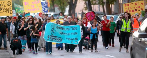 PHIL HOSSACK / WINNIPEG FREE PRESS -  A "Community March for Peace" makes it's way up Cumberland to a rally and bbq at Central Park. See release. STAND-UP. September 28, 2016