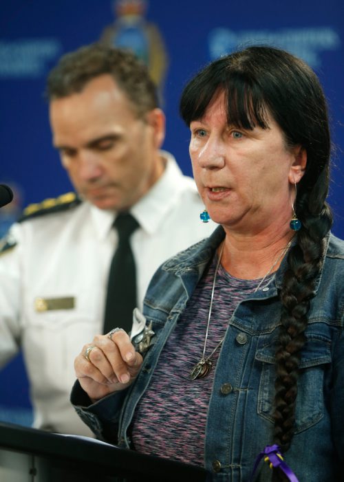 WAYNE GLOWACKI / WINNIPEG FREE PRESS

At right, Arlene Last-Kolb, lost her 24-year-old son Jessie to a fentanyl drug overdose speaks at the Police news conference with Winnipeg Police Deputy Chief Danny Smyth regarding the carfentanil seizure earlier this month. The news conference was held Thursday in the WPS Headquarters building. Carol Sanders Sept. 29 2016
