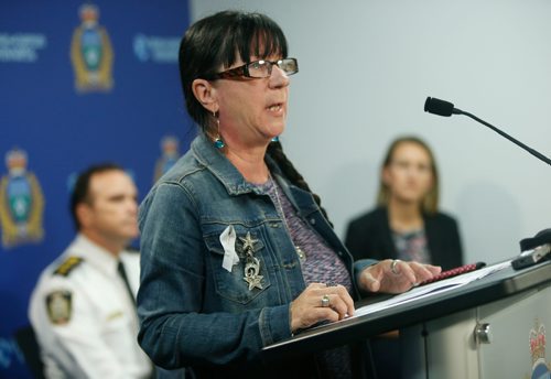 WAYNE GLOWACKI / WINNIPEG FREE PRESS

Arlene Last-Kolb, lost her 24-year-old son Jessie to a fentanyl drug overdose speaks at the Police news conference with Winnipeg Police Deputy Chief Danny Smyth,left, and Dr. Joss Reimer, Medical Director of Health, WRHA regarding the carfentanil seizure earlier this month. The news conference was held Thursday in the WPS Headquarters building  Carol Sanders Sept. 29 2016
