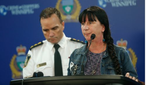 WAYNE GLOWACKI / WINNIPEG FREE PRESS

At right, Arlene Last-Kolb, lost her 24-year-old son Jessie to a fentanyl drug overdose speaks at the Police news conference with Winnipeg Police Deputy Chief Danny Smyth regarding the carfentanil seizure earlier this month. The news conference was held Thursday in the WPS Headquarters building  Carol Sanders Sept. 29 2016