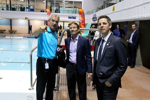 BORIS MINKEVICH / WINNIPEG FREE PRESS
The City of Winnipeg, together with 2017 Canada Summer Games representatives, announced the reopening of the Pan Am Pool on October 1st. The press event showcased facility upgrades in anticipation of the 2017 Canada Summer Games. (left) Paul Huntington, City of Winnipeg venue lead for the 2017 Canada Summer Games, (middle) Hubert Mesman, Co-Chair of the 2017 Canada Summer Games Host Society and (left) Winnipeg Mayor Brian Bowman talk about the renos to the pool. Photo taken at Pan Am Pool, 25 Poseidon Bay. Sept. 30, 2016