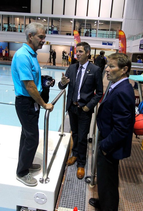 BORIS MINKEVICH / WINNIPEG FREE PRESS
The City of Winnipeg, together with 2017 Canada Summer Games representatives, announced the reopening of the Pan Am Pool on October 1st. The press event showcased facility upgrades in anticipation of the 2017 Canada Summer Games. (left) Paul Huntington, City of Winnipeg venue lead for the 2017 Canada Summer Games, (middle) Winnipeg Mayor Brian Bowman and (right) Hubert Mesman, Co-Chair of the 2017 Canada Summer Games Host Society talk about the renos to the pool. Photo taken at Pan Am Pool, 25 Poseidon Bay. Sept. 30, 2016