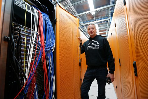 WAYNE GLOWACKI / WINNIPEG FREE PRESS

Les Bester runs a little home-made telecommunications company called Les.Net laying his own cables and providing telephone services to a few thousand customers and super high speed Internet to about 100 in the city. He is in his data centre with network cabling shown at left. Martin Cash story   Sept. 30 2016