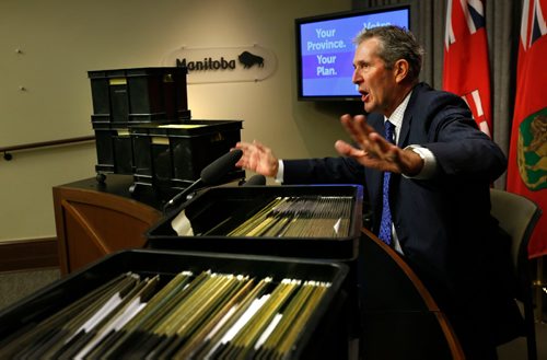 WAYNE GLOWACKI / WINNIPEG FREE PRESS

 Premier Brian Pallister held a news conference in the Legislative Bld. Monday with boxes of some of the applications for requests for funding his gov't has to evaluate. The news conference was in advance of the resumption of the first session of the 41st Manitoba legislature. Dan Lett/Larry Kusch stories. Oct.3 2016