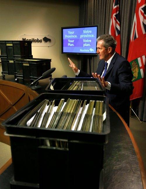 WAYNE GLOWACKI / WINNIPEG FREE PRESS

 Premier Brian Pallister held a news conference in the Legislative Bld. Monday with boxes of some of the applications for requests for funding his gov't has to evaluate. The news conference was in advance of the resumption of the first session of the 41st Manitoba legislature. Dan Lett/Larry Kusch stories. Oct.3 2016