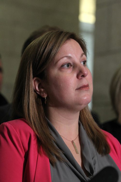 RUTH BONNEVILLE  /  WINNIPEG FREE PRESS

Fort Richmond MLA  Sarah Guillemard talks with the media about perceived harassment by NDP members against women as they stood to vote inside the chamber recently during scrum Thursday afternoon after question period.  

October 06, 2016