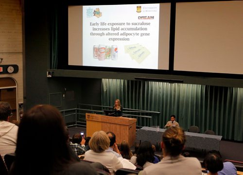 BORIS MINKEVICH / WINNIPEG FREE PRESS
STANDUP -Allana Head presented on her project called "Early life exposure to sucralose increases lipid accumulation through altered adipocyte gene expression.  (she is at the podium left)

Presentations took place in the Frederic Gaspard Theatre, University of Manitoba Bannatyne Campus.

**Press Release below**

Winnipeg, Manitoba  September 22, 2016  The future of child health research will be on display at the Childrens Hospital Research Institute of Manitoba (CHRIM) 12th annual Child Health Research Day on October 6th.

Every year CHRIM organizes Child Health Research Day to bring together researchers and students/trainees to discuss their research and findings. This years theme is Healthy Brain, Healthy Start and will look at the importance of early brain development.

As in years past, the highlight of the day will be Dr. Goodbears Den taking place from 3 p.m.?430 p.m., where 10 students will have five minutes each to present their work to our keynote speakers. The top 10 students taking part in the oral presentations were selected from 86 abstract submissions that were reviewed by the organizing committee.

We will also welcome two national speakers this year, Dr. Steven Miller from the the Hospital for Sick Children and Dr. Francois Bolduc from the University of Alberta to share their research with our community.

We invite you to attend and learn more about early brain development and the important research taking place here in Winnipeg. For your convenience the agenda for the event is below.

All presentations will take place in the Frederic Gaspard Theatre, Basic Medical Sciences Building, 727 McDermot Ave., University of Manitoba Bannatyne Campus.

For more information please contact Adrian Alleyne, Media & Communications Coordinator, Childrens Hospital Research Institute of Manitoba, 204?272?3135, (cell) 204?227?1438 or aalleyne@chrim.ca . Oct. 6, 2016