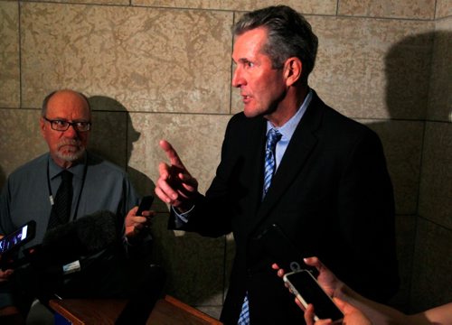 BORIS MINKEVICH / WINNIPEG FREE PRESS
Question period at the Manitoba Legislature. Larry Kusch, left, and Brian Pallister, right, in media scrum after QP. Oct. 11, 2016