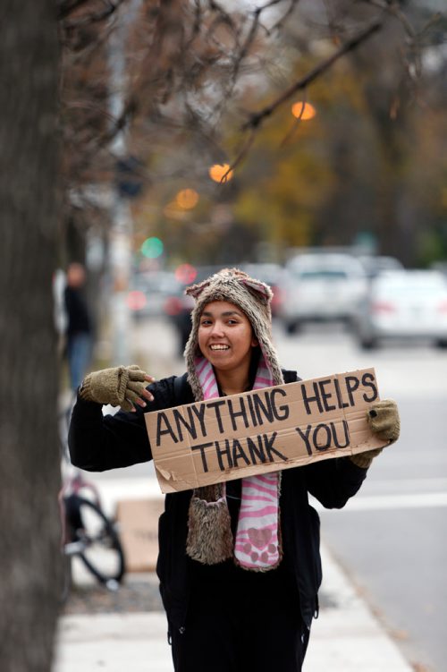 WAYNE GLOWACKI / WINNIPEG FREE PRESS

Mappy Troller,29, is  homeless. She is on Maryland St. trying raise money. The Social Planning Council has a plan to end youth homelessness in Winnipeg.  Alex Paul  story Oct. 11 2016