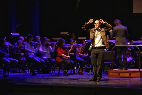 MIKE DEAL / WINNIPEG FREE PRESS

Simon Miron, actor, writer, director performs onstage with the WSO and conductor Alexander Mickelthwate during the dress rehearsal of Symphonie Fantastique at the Centennial Concert Hall Tuesday morning. 

161018
Tuesday, October 18, 2016