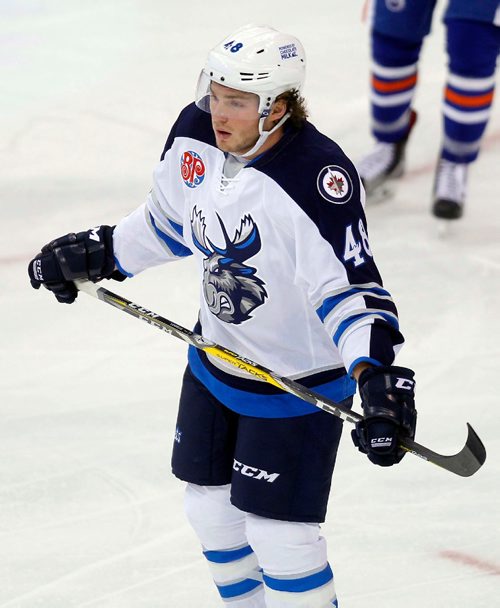 BORIS MINKEVICH / WINNIPEG FREE PRESS
Manitoba Moose vs. Bakersfield Condors at MTS Centre, Winnipeg. Moose #48 Brendan Lemieux. Oct. 18, 2016