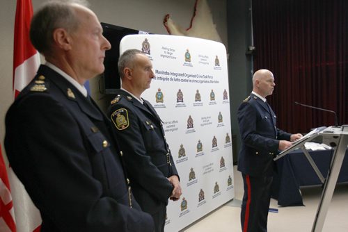 JOE BRYKSA / WINNIPEG FREE PRESSThree police services from Manitoba displayed seized items from project Derringer in Brandon, Manitoba Oct 12-15, 2016- Items seized included firearms, cash , vehicles , and drugs- L to R at RCMP D Division Headquarters in Winnipeg - Inspector Tim Olmstead, Officer in Charge, Federal Serious and Organized Crime, RCMP, Inspector Max Waddell, Supervisor, Organized Crime Unit, Winnipeg Police Service,  and Deputy Chief Randy Lewis, Operations, Brandon Police Service  -Oct 19, 2016 -(See Carol Sanders story)