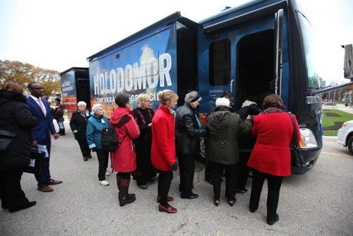 RUTH BONNEVILLE / WINNIPEG FREE PRESS

Members of the Ukrainian community including survivors of Holodomor genocide, make their way into  the new mobile Holodomor Classroom (a state-of-the-art RV interactive mobile theatre) in front of the Provincial Legislative Building during the official Kick-Off of the Manitoba portion of the National Awareness Tour Thursday.  
 
The Holodomor was a genocide carried out in 1932-33 by the Soviet Union led by Joseph Stalin, which resulted in the deaths of millions of Ukrainians due to forced starvation. 

See Nick Martin story.

October 20, 2016