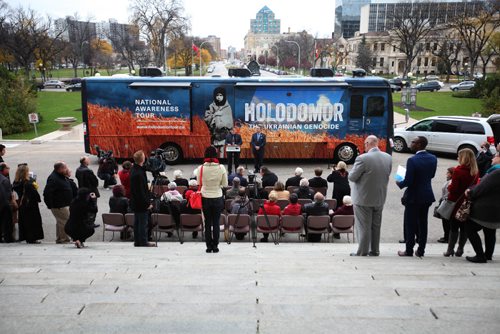 RUTH BONNEVILLE / WINNIPEG FREE PRESS

Members of the Ukrainian community including survivors of Holodomor genocide, attend the  official Kick-Off of the Manitoba portion of the National Awareness Tour of the new mobile Holodomor Classroom (a state-of-the-art RV interactive mobile theatre) in front of the Provincial Legislative Building Thursday.  
 
The Holodomor was a genocide carried out in 1932-33 by the Soviet Union led by Joseph Stalin, which resulted in the deaths of millions of Ukrainians due to forced starvation. 

See Nick Martin story.

October 20, 2016